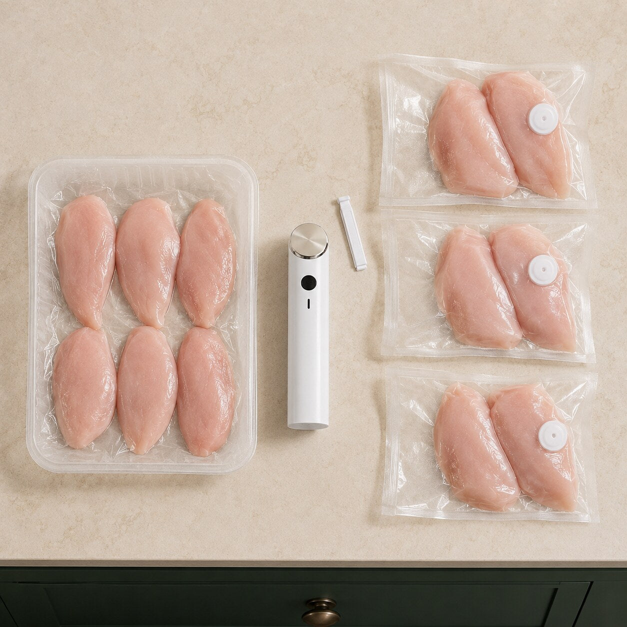 Family-size chicken pack divided into three portions for two