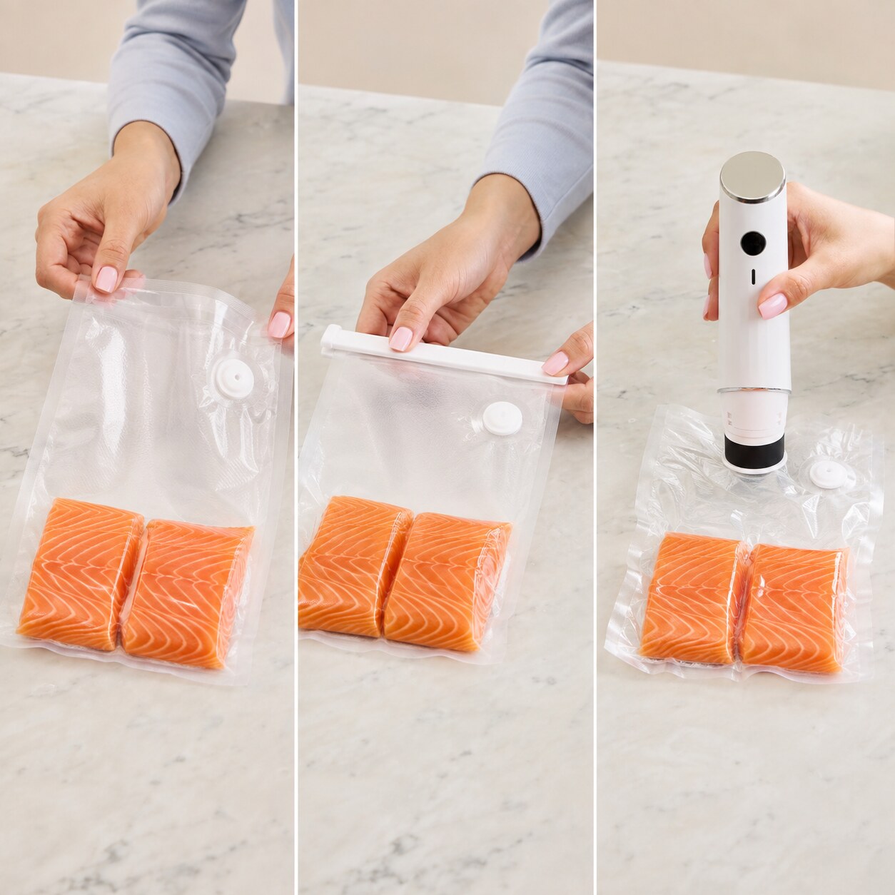FreshGuard bag being filled, closed with the clip and vacuum sealed