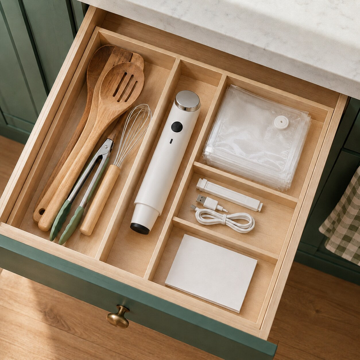FreshGuard vacuum system stored neatly in a kitchen drawer