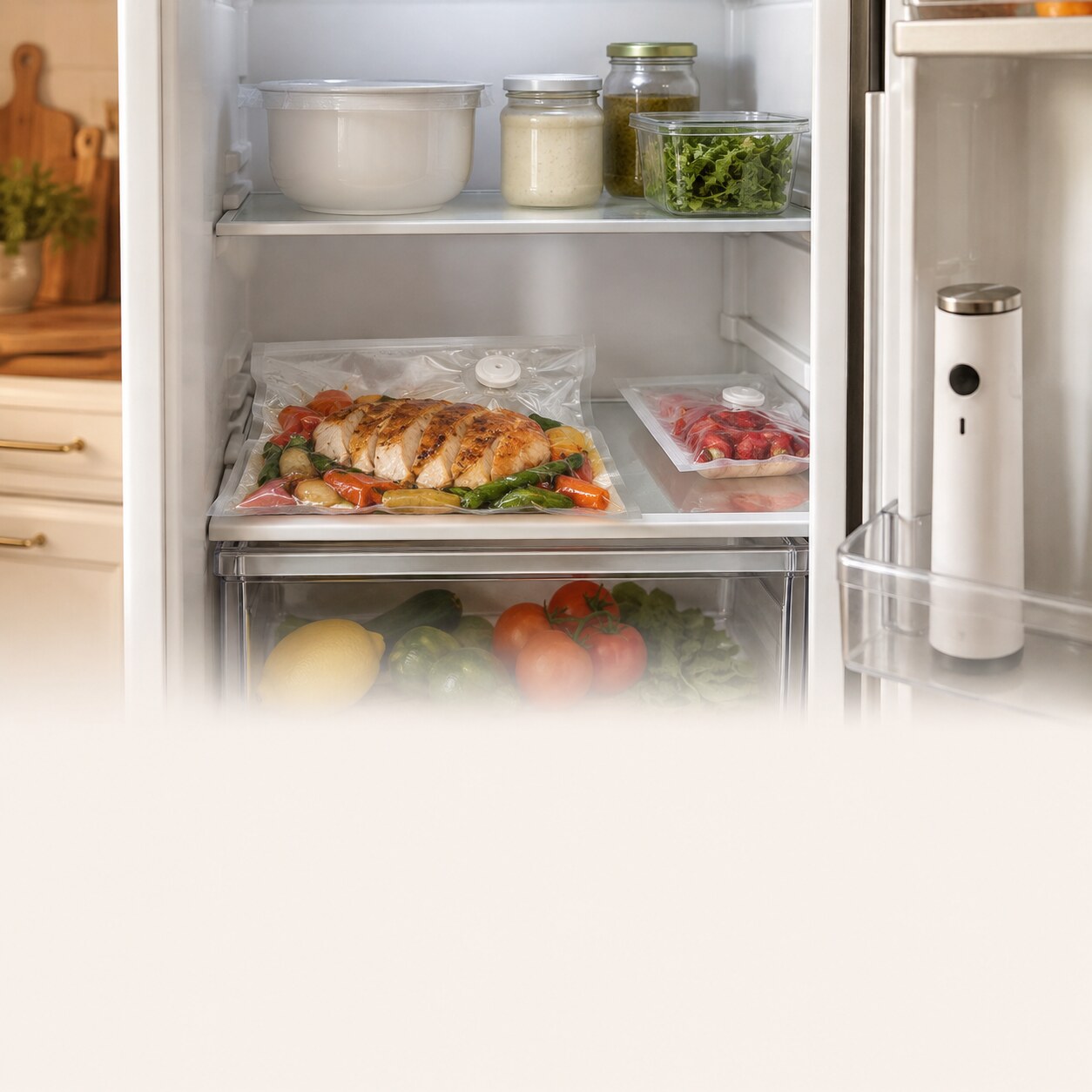 Vacuum-sealed leftover dinner stored in the refrigerator