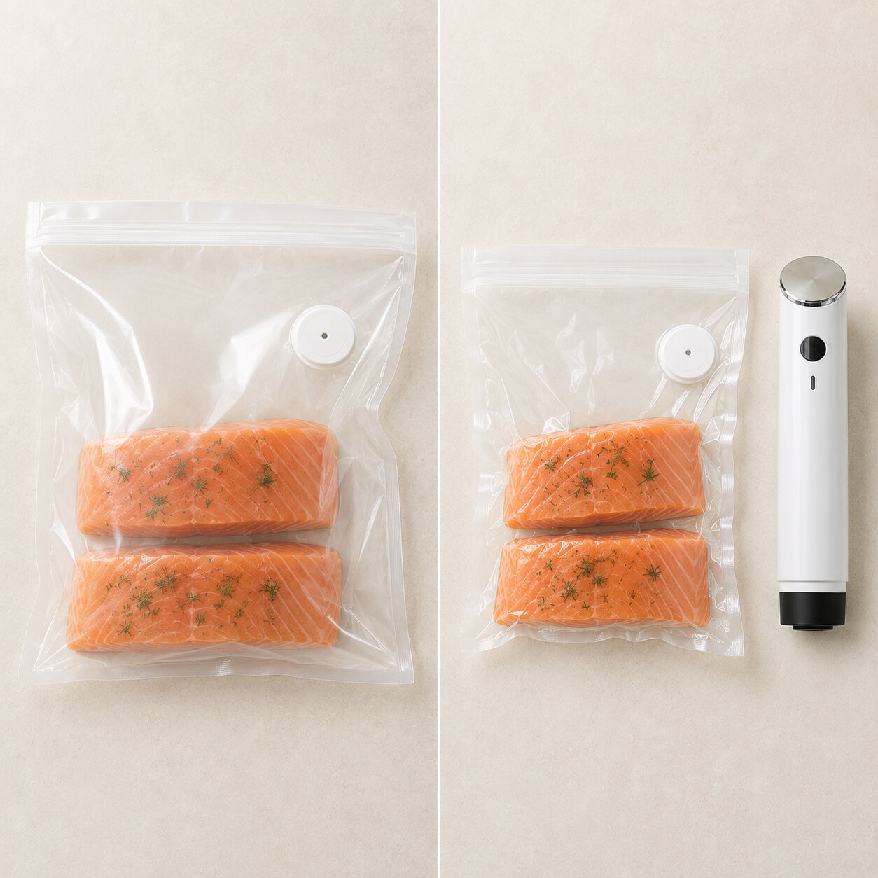 The same food portion before and after excess air is removed